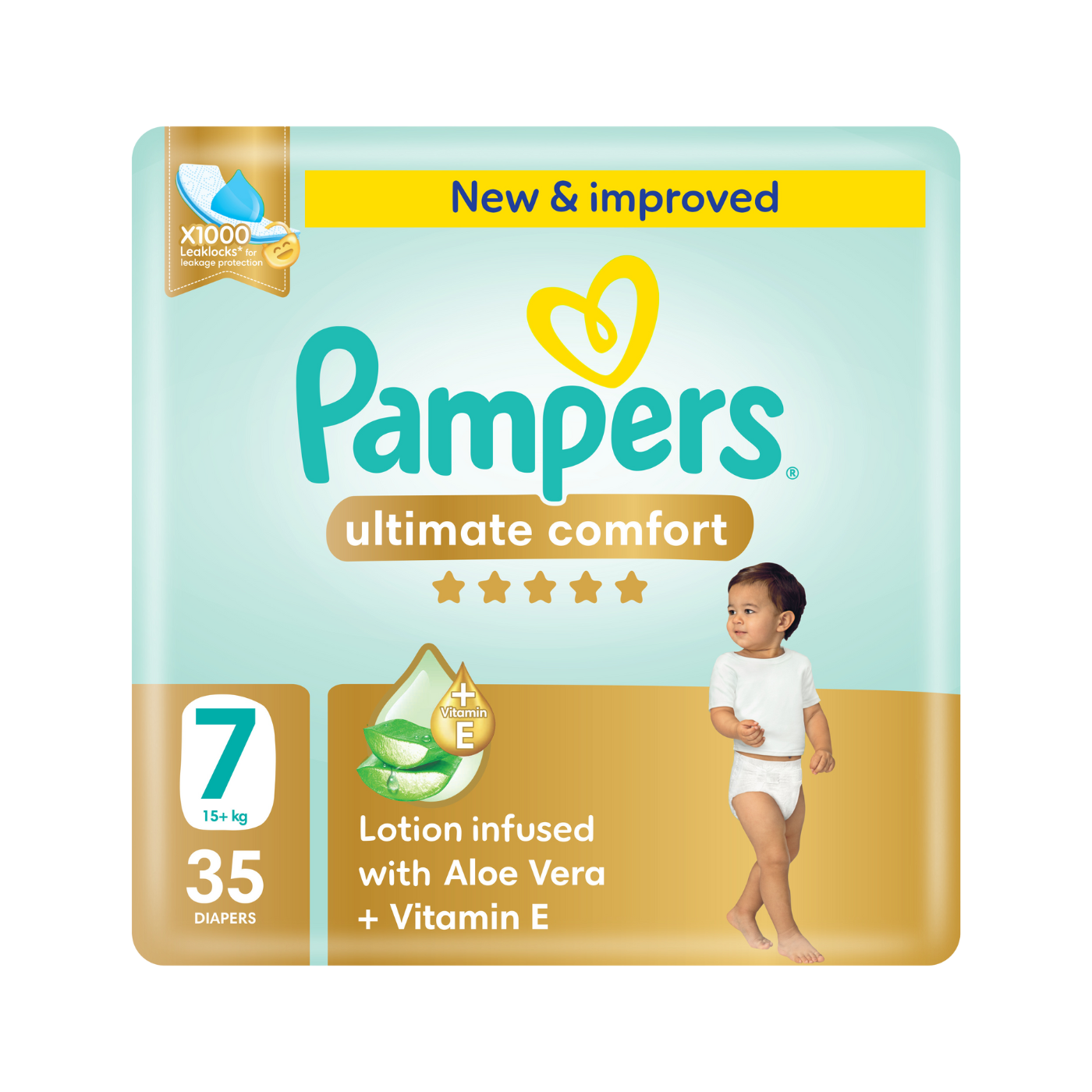 Pampers Ultimate Comfort Taped Diapers with Aloe Vera Lotion & Vitamin E, Size 7 (15+ kg), 35 Pieces