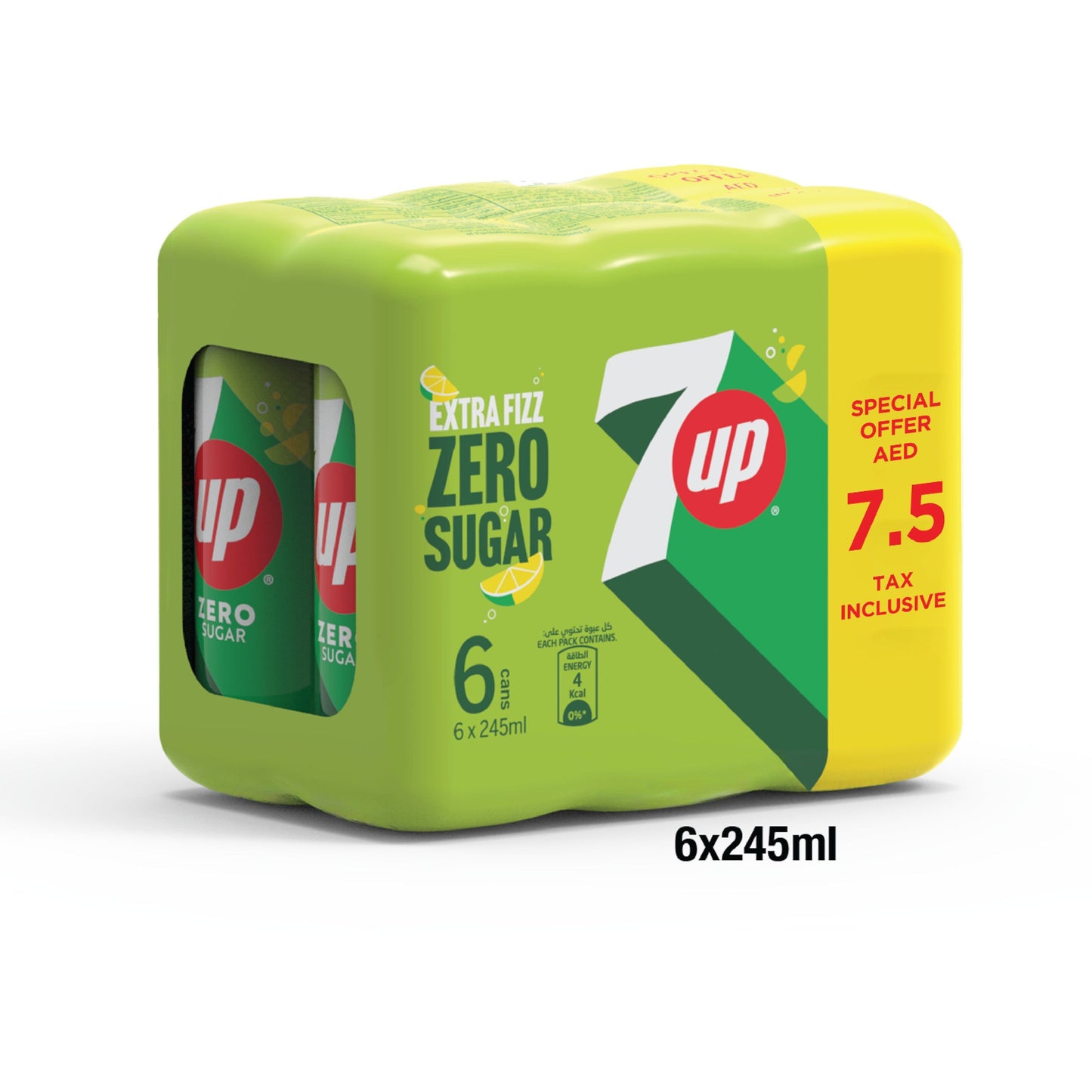 7Up Zero Sugar Soft Drink Can, 6x245ml