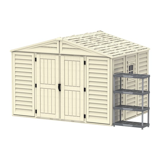 Cosmoplast WOODBRIDGE 10.5X8FT 324.8 X 247 X 233.2 CM RESIN GARDEN STORAGE SHED WITH FREE SHELVING RACK 4