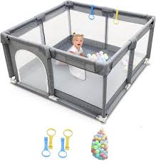 SKY-TOUCH Baby Playpen, Extra Large Playard For Babies, Portable Indoor Outdoor Toddlers Safety Play Yard Activities With Breathable Mesh&Zipper Door,With100pcs-Ocean Balls&Accessories Grey-150×180cm