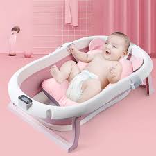 SKY-TOUCH Baby Foldable Bath Tub with Bathmat Cushion & Thermometer, Portable Baby Bathtub with Drain Hole, Shower Basin with Non-Slip Support Leg for 0-6 Years Boy Girl (Pink)