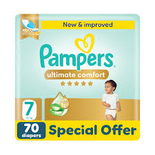 Pampers Ultimate Comfort Taped Diapers, Size 7, 13+kg, Lotion infused with Aloe Vera and Vitamin E, x1000 Leak Locks Technology for Leakage Protection, 2x Giant Pack, 70 Count