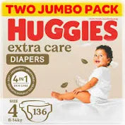 Huggies Extra Care, Size 4, 8 -14 kg, Twin Jumbo Pack, 136 Diapers