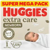Huggies Extra Care Newborn, Size 1, Up to 5 kg, Twin Jumbo Pack, 128 Diapers