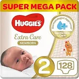 Huggies Extra Care Newborn, Size 2, 4 - 6 kg, Twin Jumbo Pack, 128 Diapers