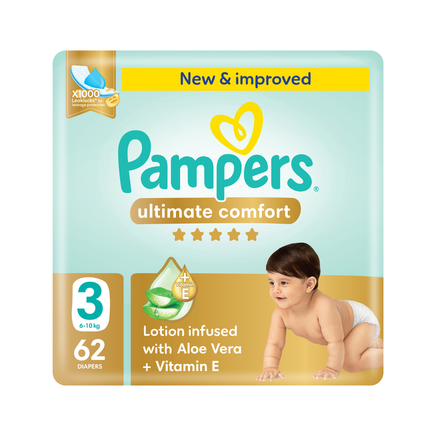Pampers Ultimate Comfort Taped Diapers Mega Pack, Size 3, 6-10kg, 62 Pieces