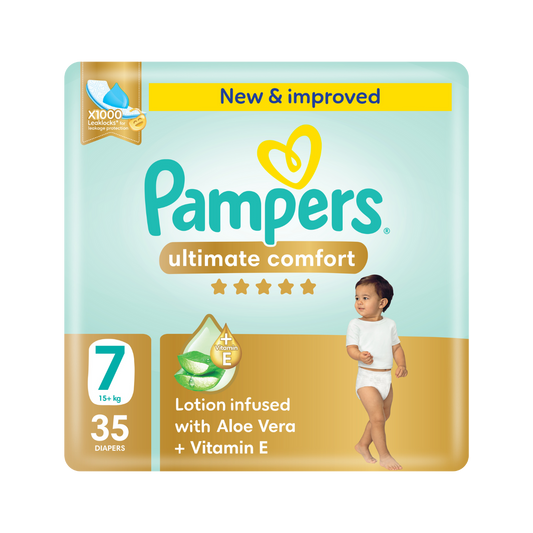 Pampers Ultimate Comfort Taped Diapers with Aloe Vera Lotion & Vitamin E, Size 7 (15+ kg), 35 Pieces