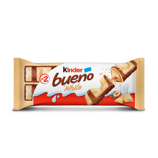 Kinder Bueno White Chocolate Bar in Wafer with Hazelnut Cream, 2 Individually Wrapped Bars, 39g
