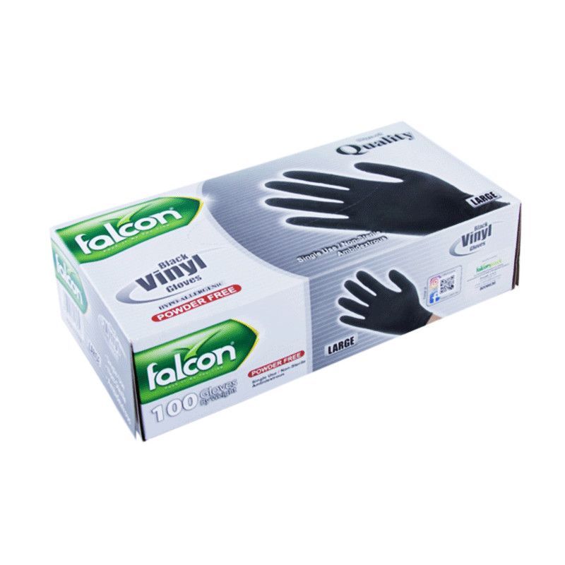 Falcon Vinyl Black Gloves Medium, 100 Pieces