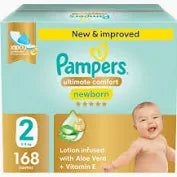 Pampers Ultimate Comfort Taped Diapers, Size 2, 3-8kg, Lotion infused with Aloe Vera and Vitamin E, x1000 Leak Locks Technology for Leakage Protection, Giant Saving Pack, 168 Count