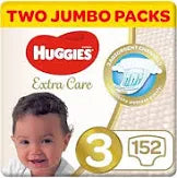 Huggies Extra Care, Size 3, 4 - 9 kg, Twin Jumbo Pack, 152 Diapers